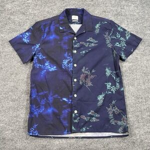Paul Smith Shirt Mens Medium Blue Floral Print Camp Loop Collar Organic Cotton